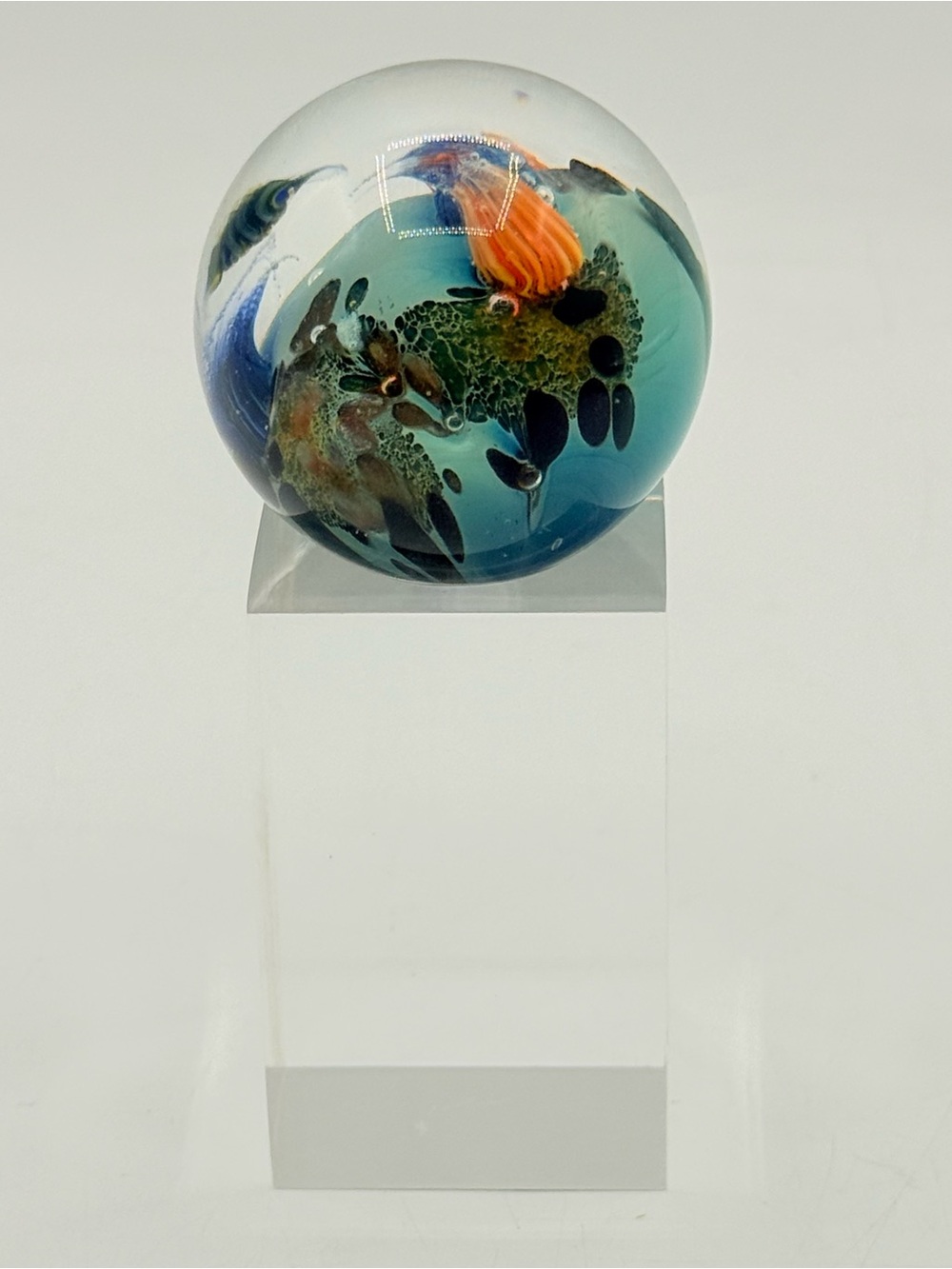 Josh Simpson Inhabited Planet Art Glass 1 1/2” Paperweight Sphere Signed JS